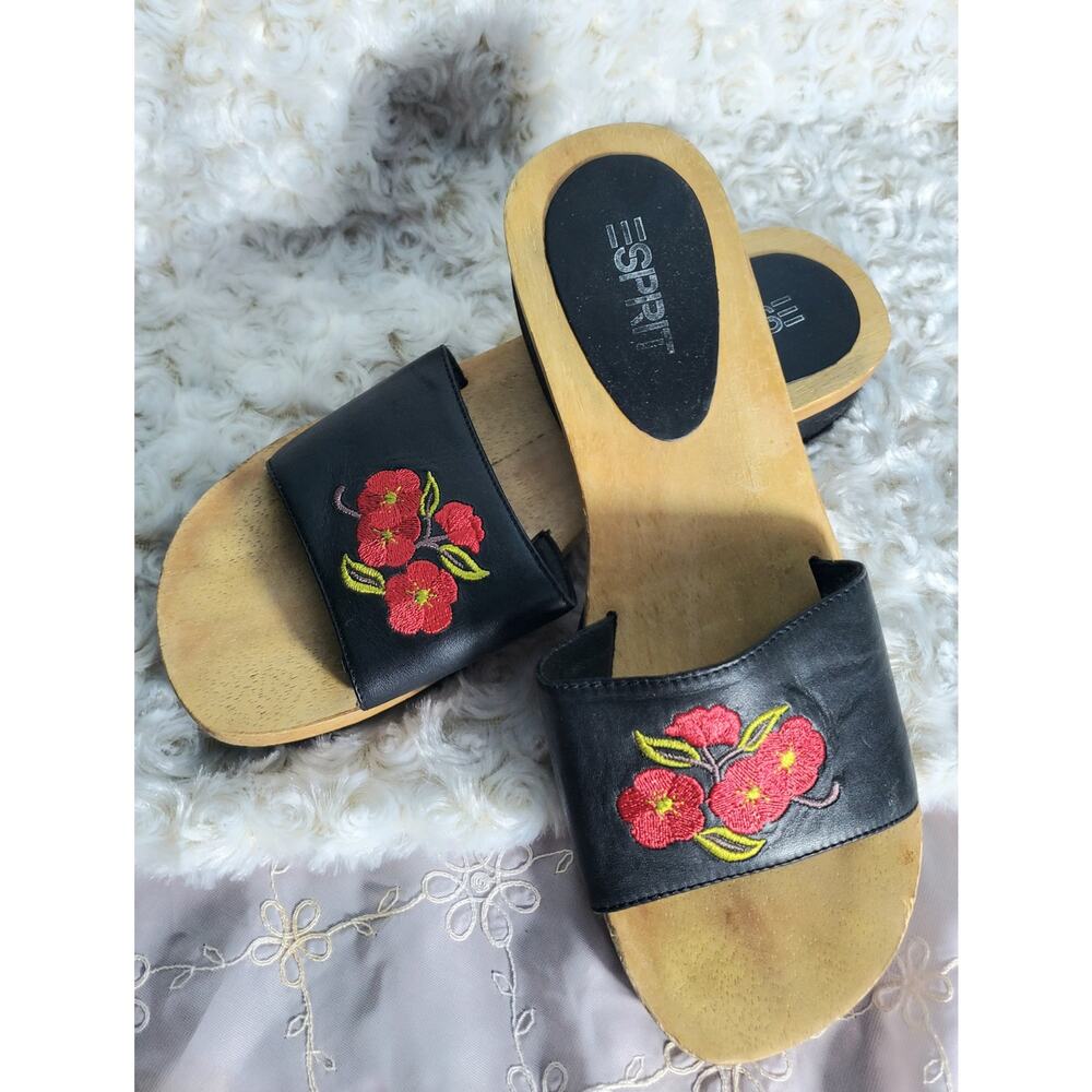Vintage Espirt Womens Wooden Floral Leather Slides Size 7 boho Hippie Y2K 90s